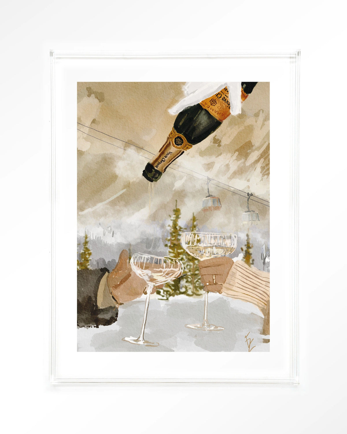 Winter Champagne – champagne in de sneeuw bij skilift – Art print – Acryl doorzichtig