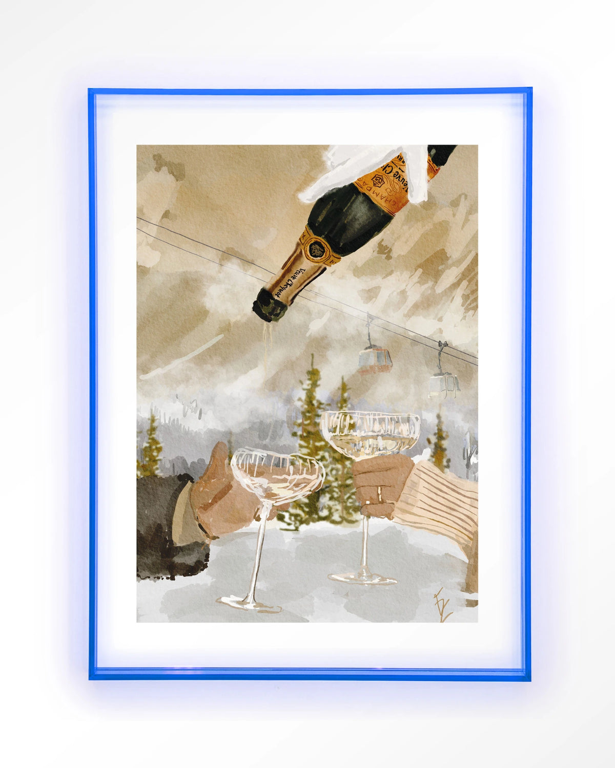 Winter Champagne – champagne in de sneeuw bij skilift – Art print – Acryl lichtblauw