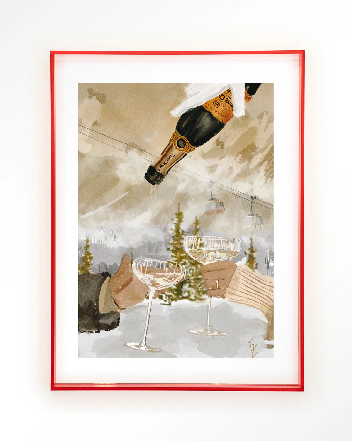 Winter Champagne – champagne in de sneeuw bij skilift – Art print – Acryl roze