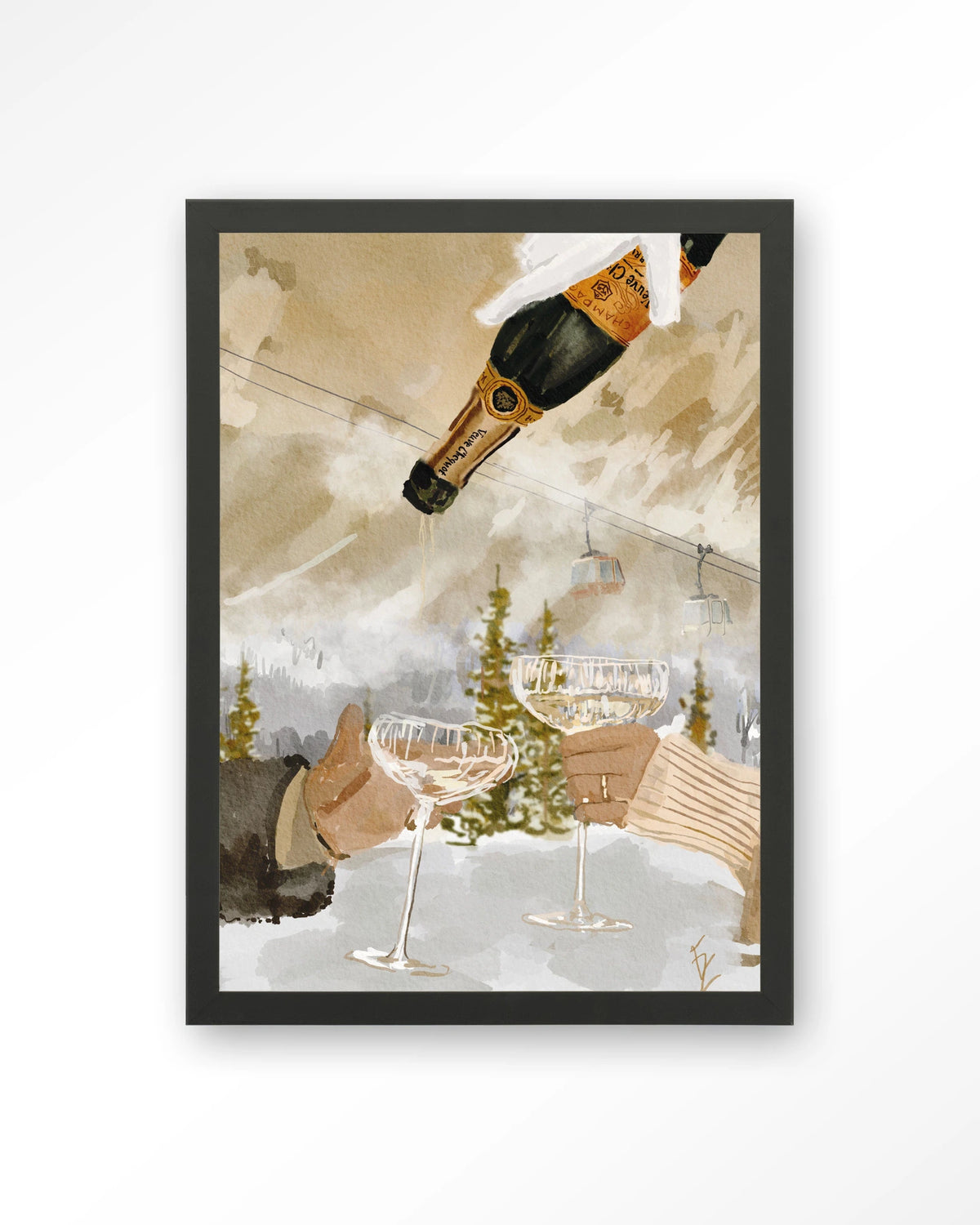 Winter Champagne – champagne in de sneeuw bij skilift – Art print – Hout zwart