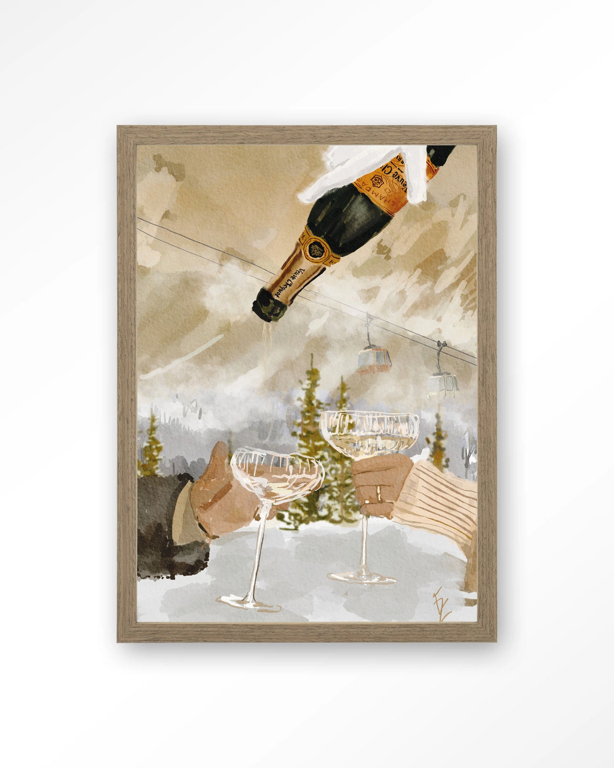 Winter Champagne – champagne in de sneeuw bij skilift – Art print – Hout bruin