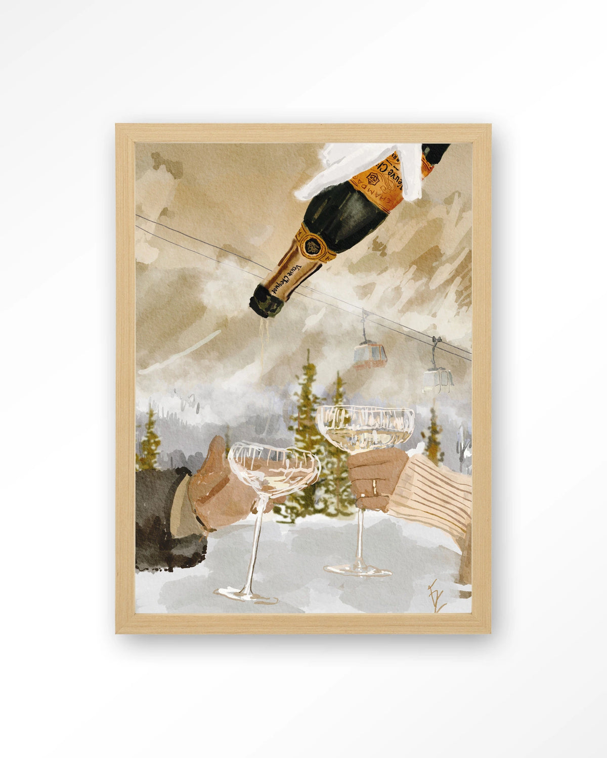 Winter Champagne – champagne in de sneeuw bij skilift – Art print – Hout naturel