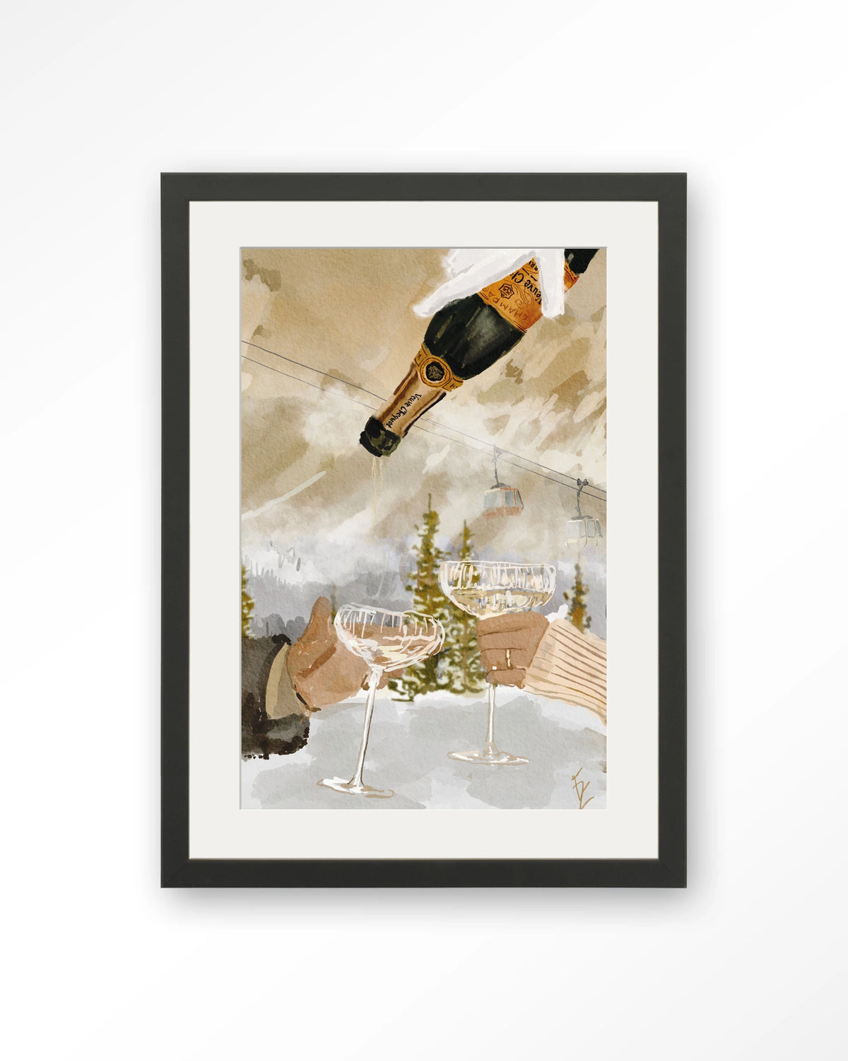 Winter Champagne – champagne in de sneeuw bij skilift – Art print – Hout zwart + passe-partout