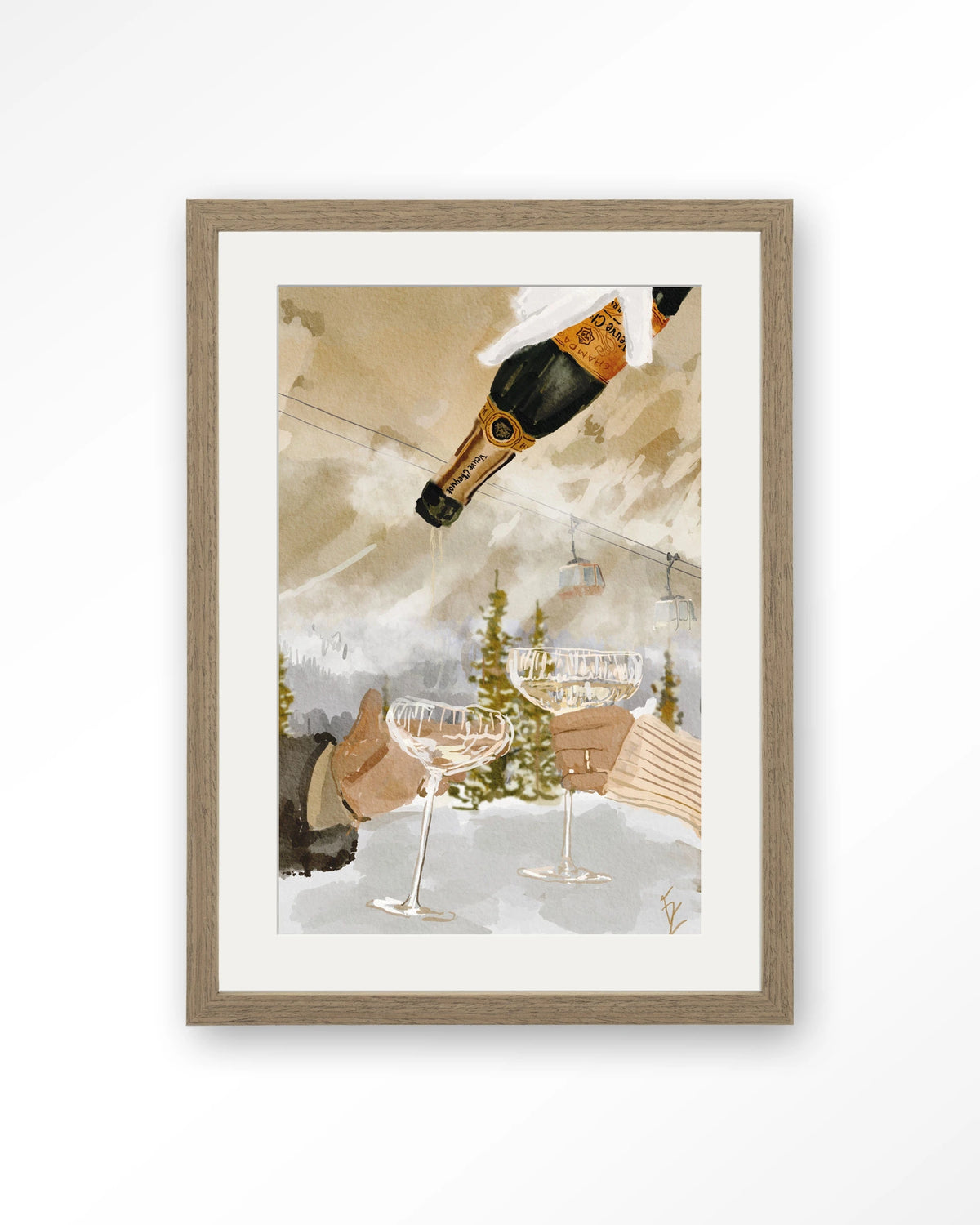 Winter Champagne – champagne in de sneeuw bij skilift – Art print – Hout bruin + passe-partout