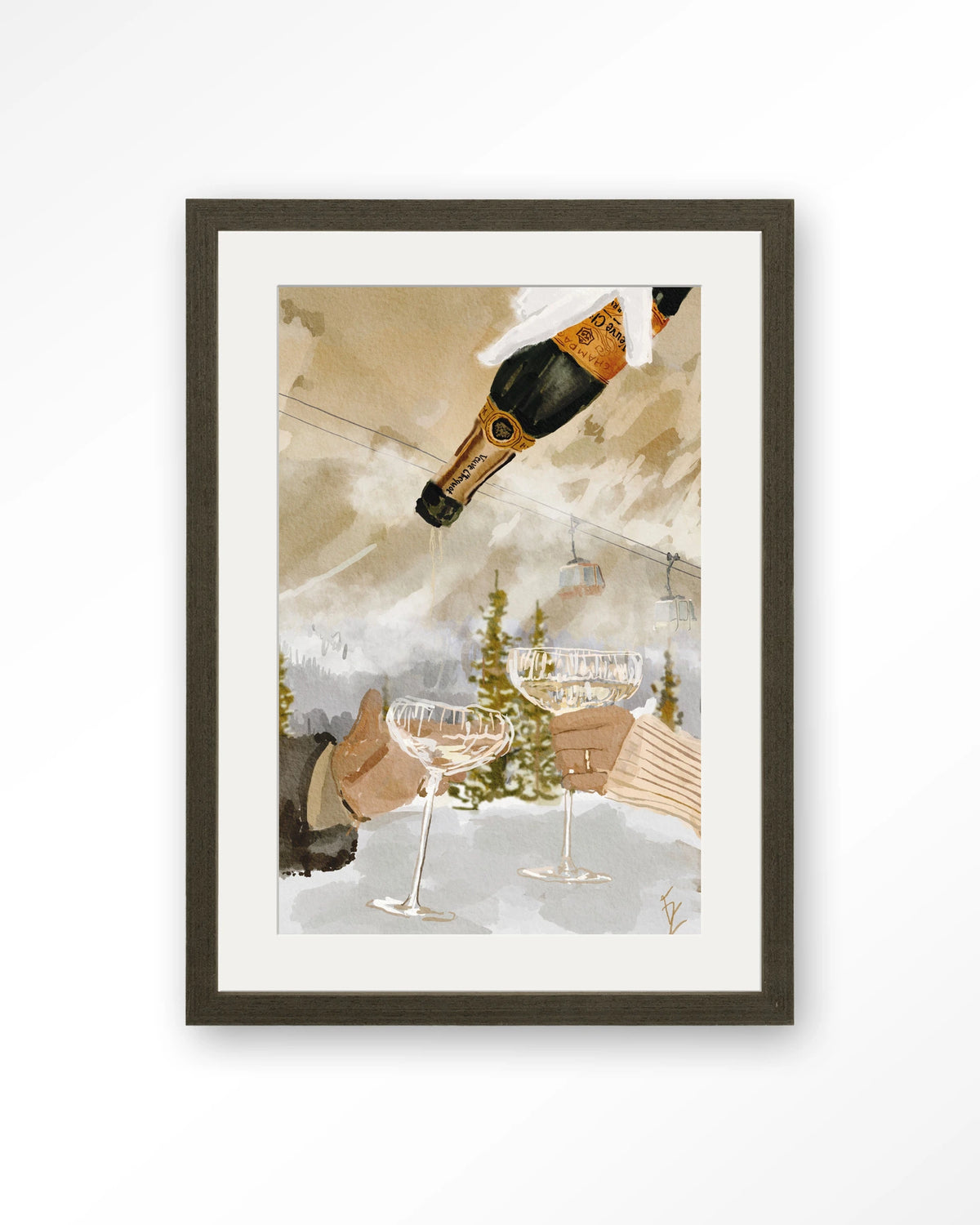 Winter Champagne – champagne in de sneeuw bij skilift – Art print – Hout donkerbruin + passe-partout