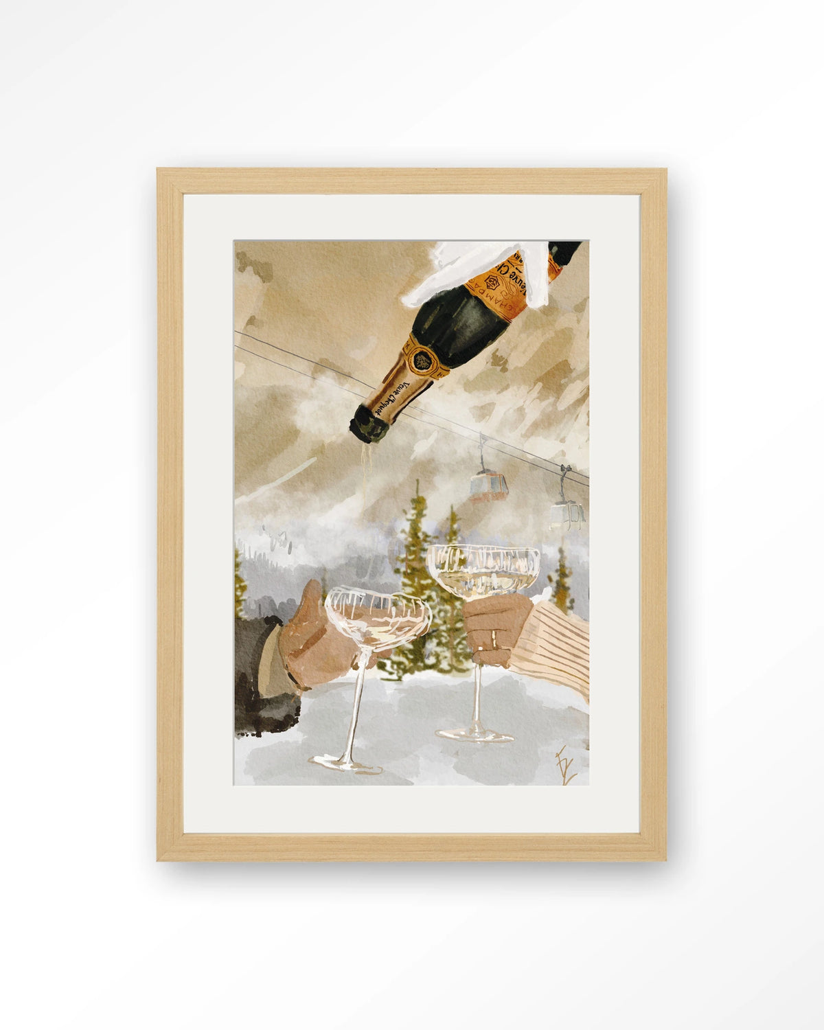 Winter Champagne – champagne in de sneeuw bij skilift – Art print – Hout naturel + passe-partout