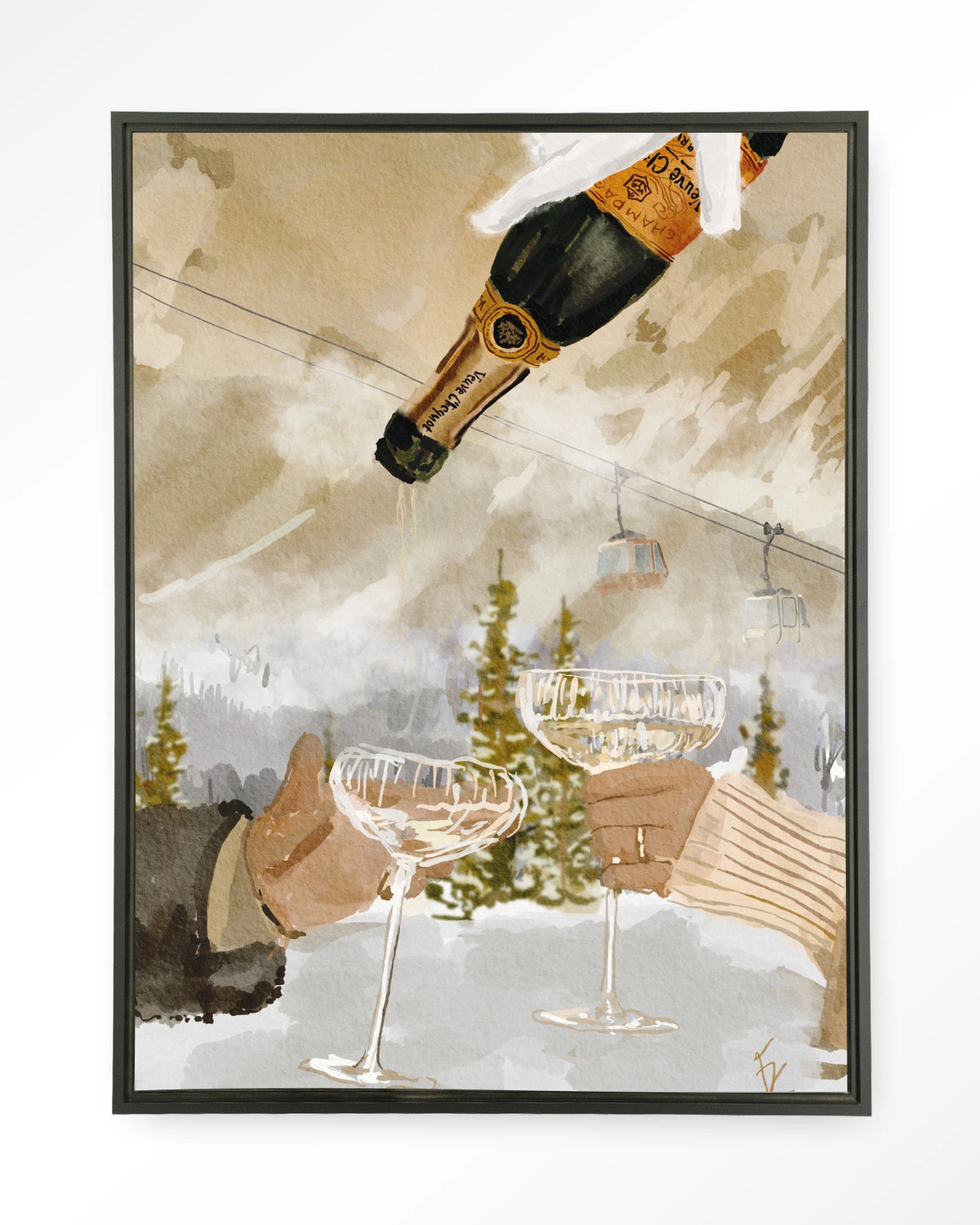 Winter Champagne – champagne in de sneeuw bij skilift – Wandkleed – Floating frame – zwart