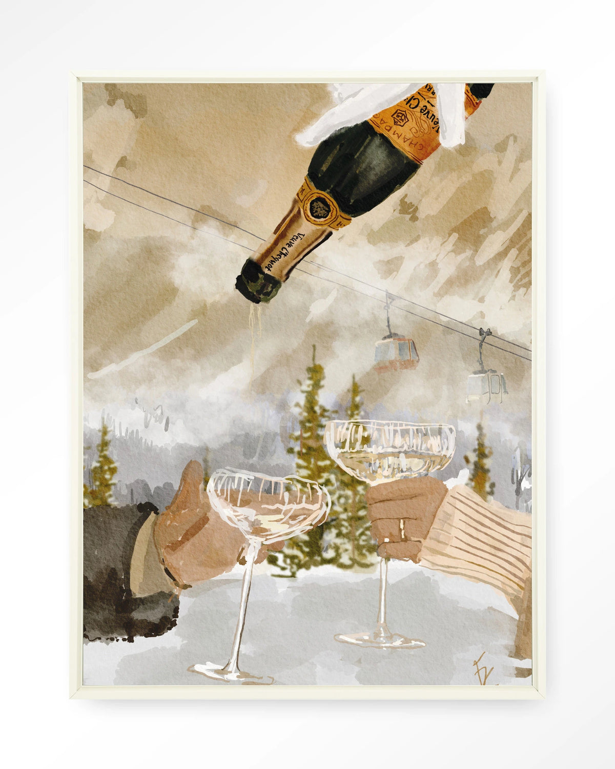 Winter Champagne – champagne in de sneeuw bij skilift – Wandkleed – Floating frame – wit