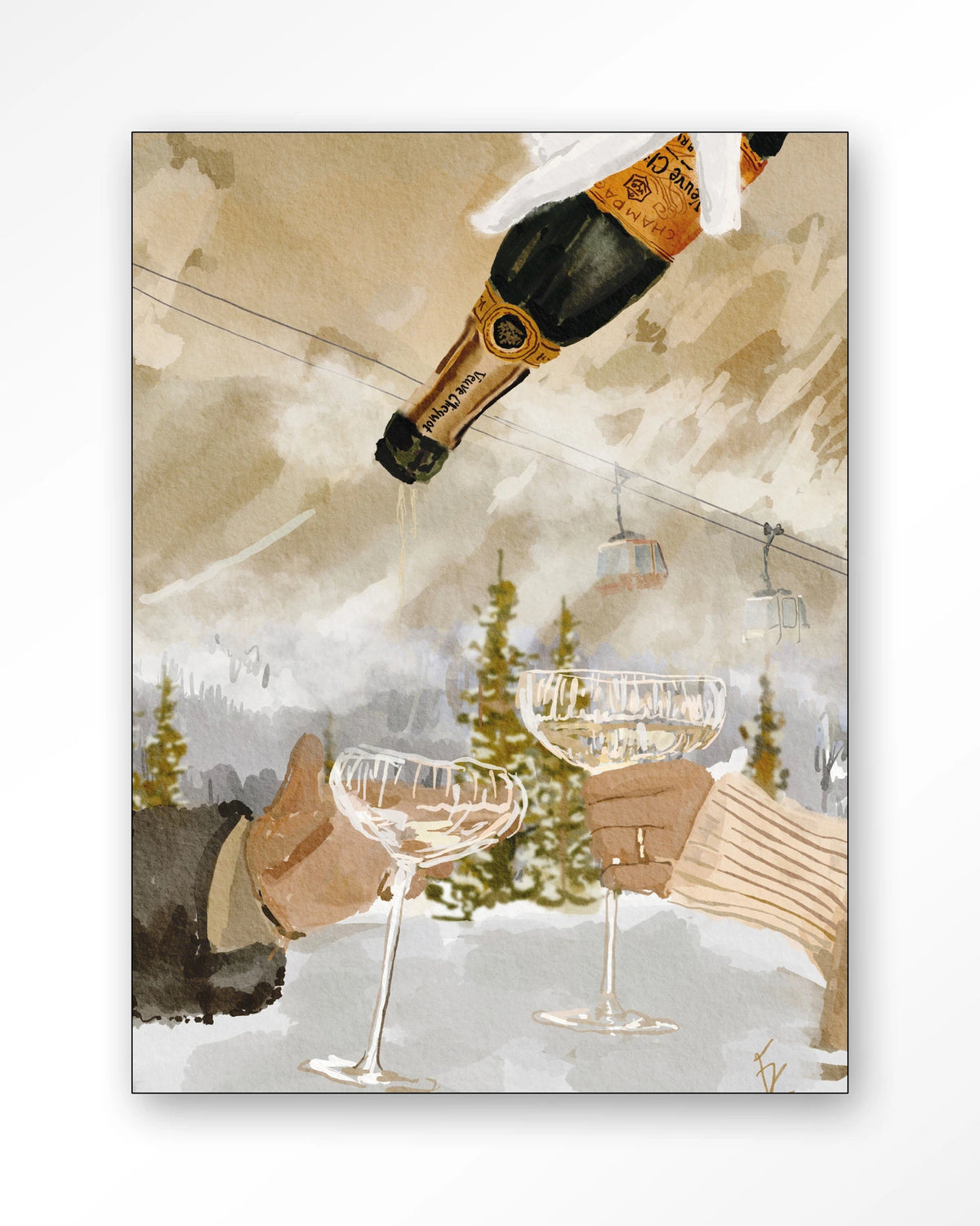 Winter Champagne – champagne in de sneeuw bij skilift – Wandkleed – Frame – zwart
