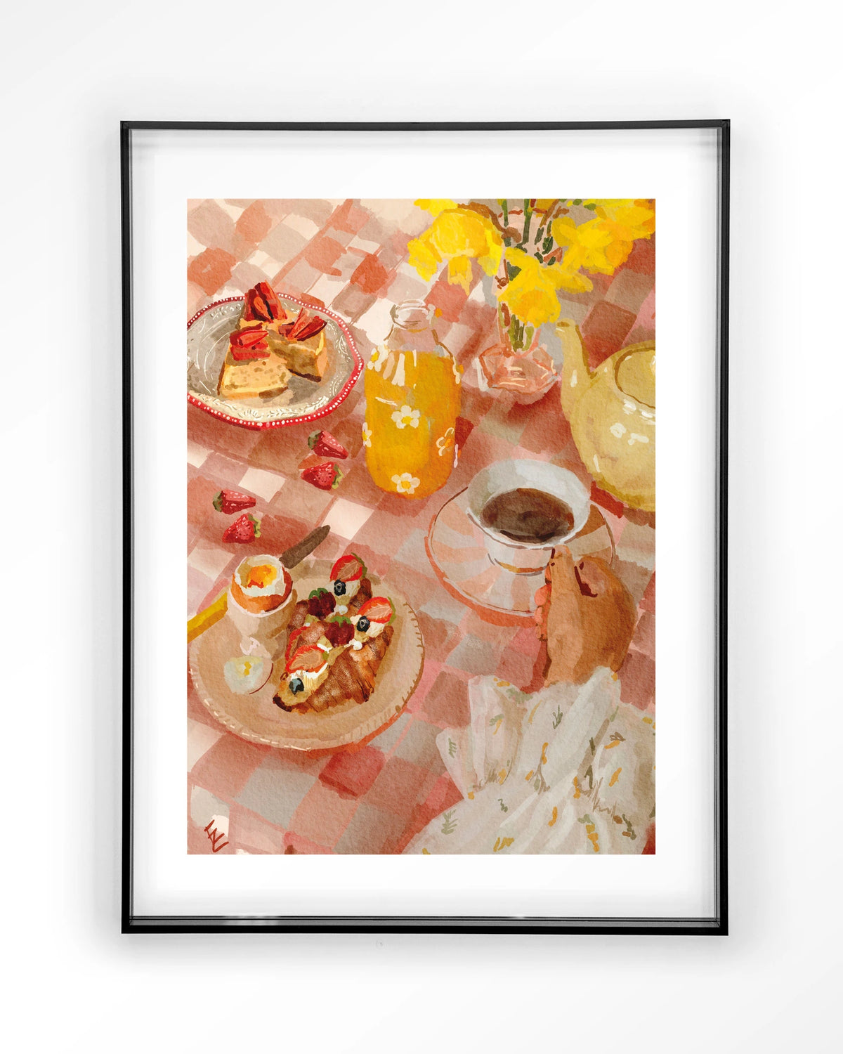 Spring Breakfast – ontbijt op roze tafelkleed – Art print – Acryl zwart