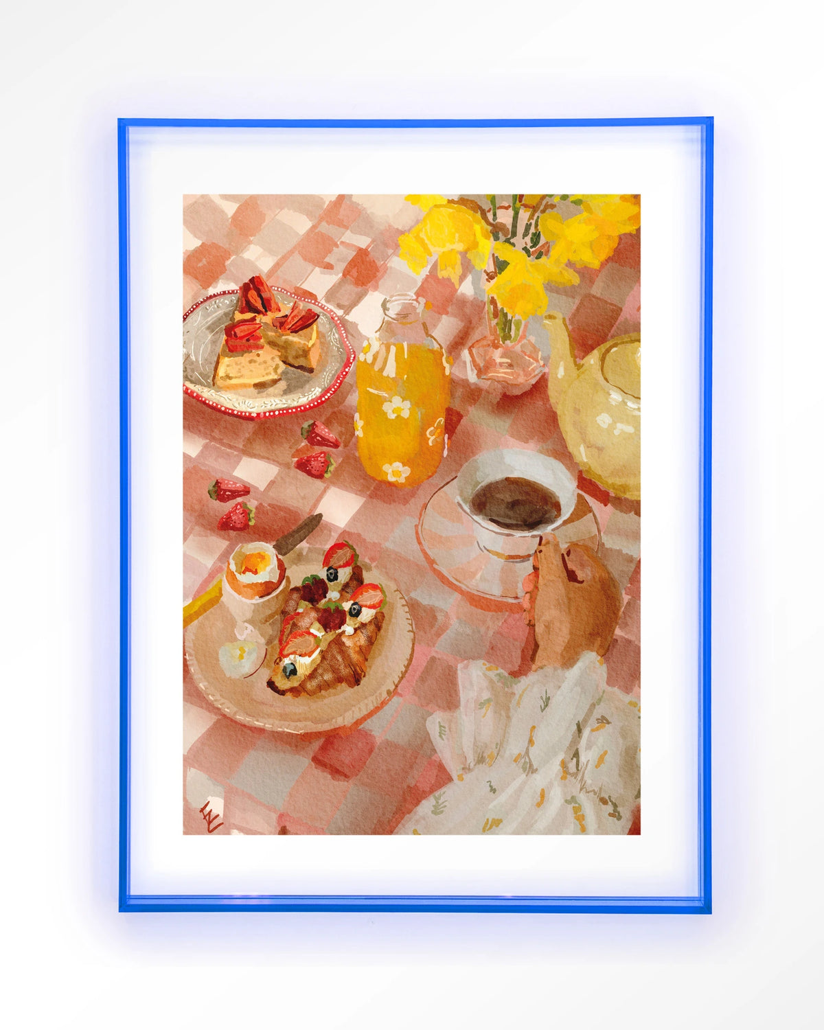 Spring Breakfast – ontbijt op roze tafelkleed – Art print – Acryl lichtblauw