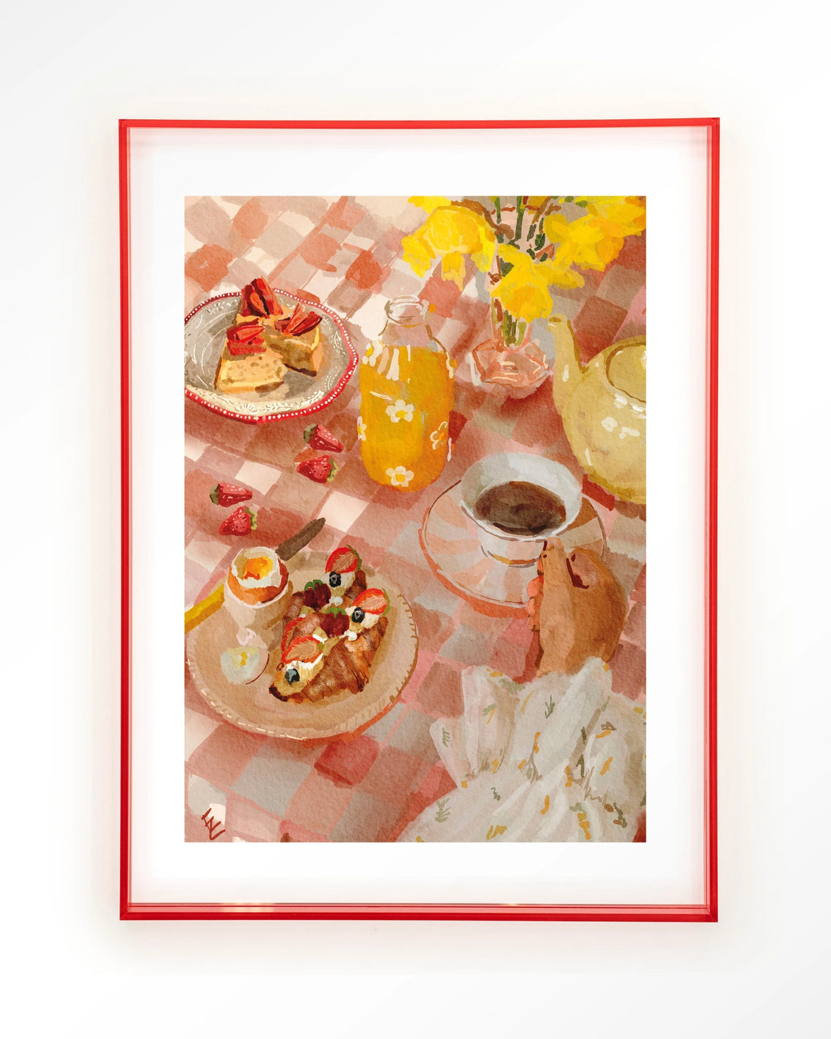 Spring Breakfast – ontbijt op roze tafelkleed – Art print – Acryl roze