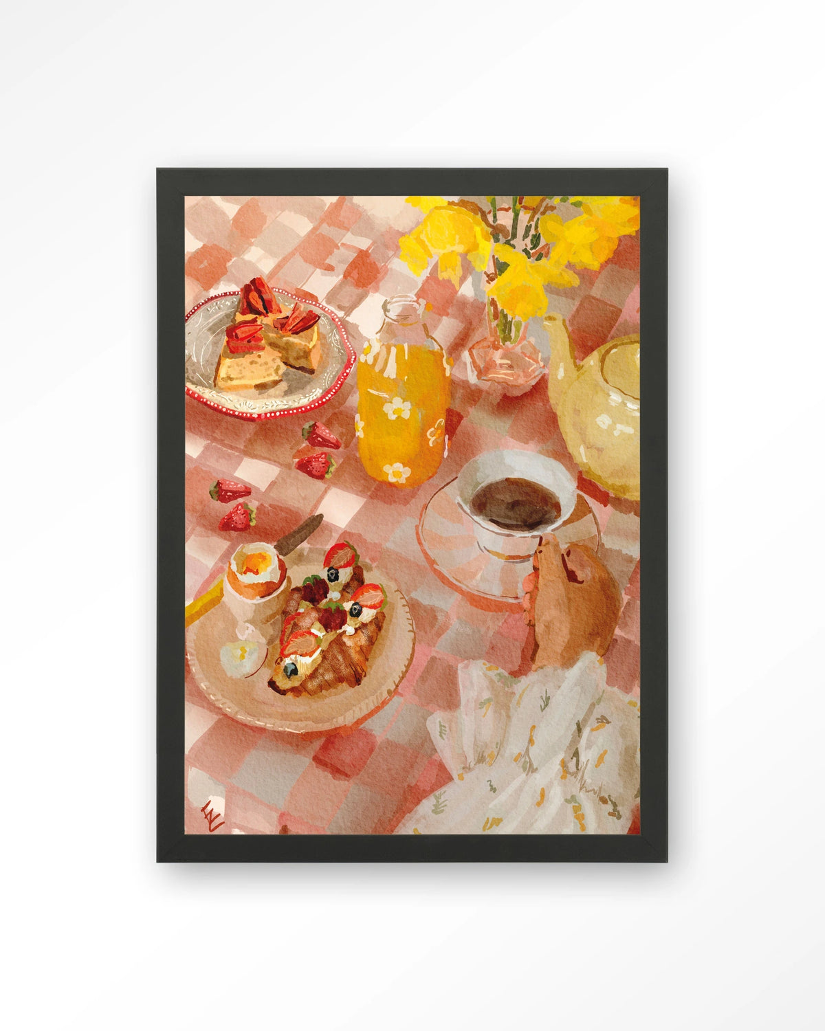 Spring Breakfast – ontbijt op roze tafelkleed – Art print – Hout zwart