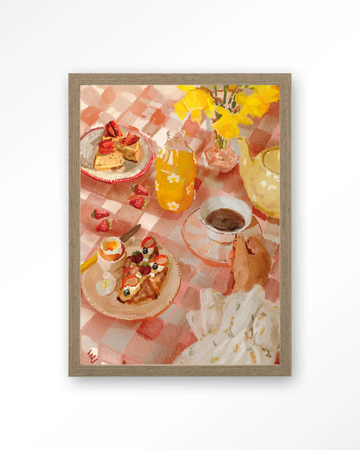 Spring Breakfast – ontbijt op roze tafelkleed – Art print – Hout bruin