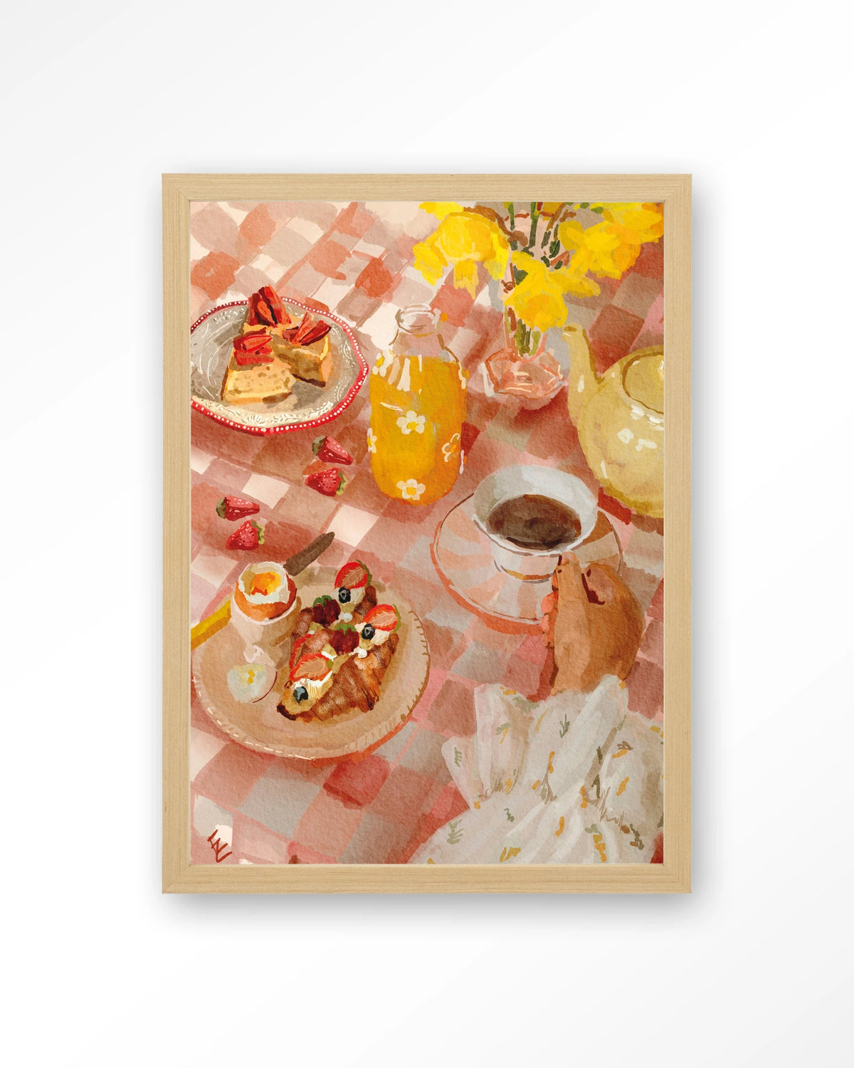 Spring Breakfast – ontbijt op roze tafelkleed – Art print – Hout naturel