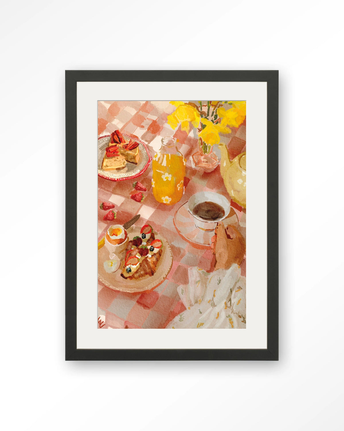 Spring Breakfast – ontbijt op roze tafelkleed – Art print – Hout zwart + passe-partout