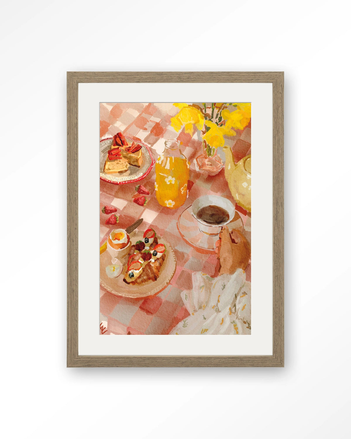 Spring Breakfast – ontbijt op roze tafelkleed – Art print – Hout bruin + passe-partout