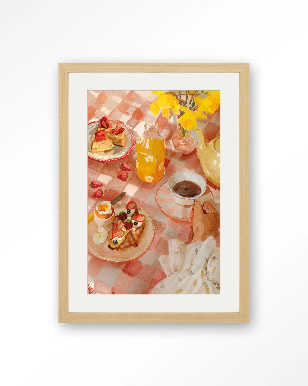 Spring Breakfast – ontbijt op roze tafelkleed – Art print – Hout naturel + passe-partout