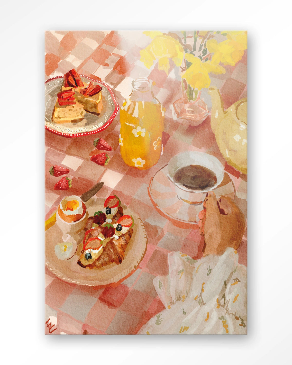 Spring Breakfast – ontbijt op roze tafelkleed – Glas – Blinde montage