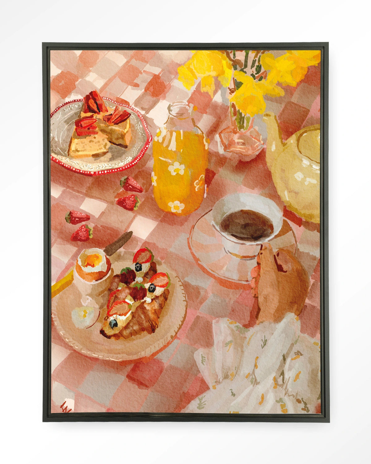 Spring Breakfast – ontbijt op roze tafelkleed – Wandkleed – Floating frame – zwart