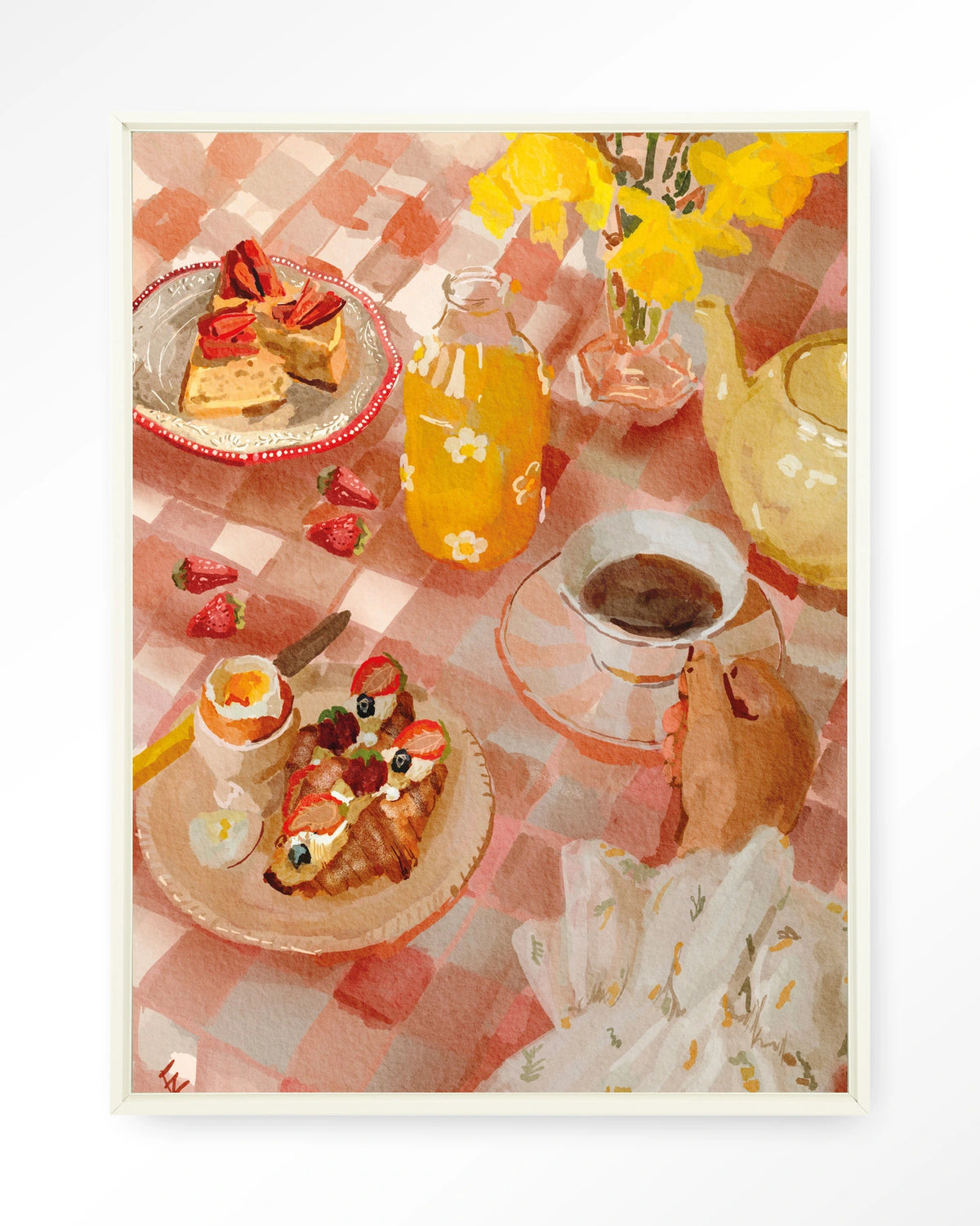 Spring Breakfast – ontbijt op roze tafelkleed – Wandkleed – Floating frame – wit