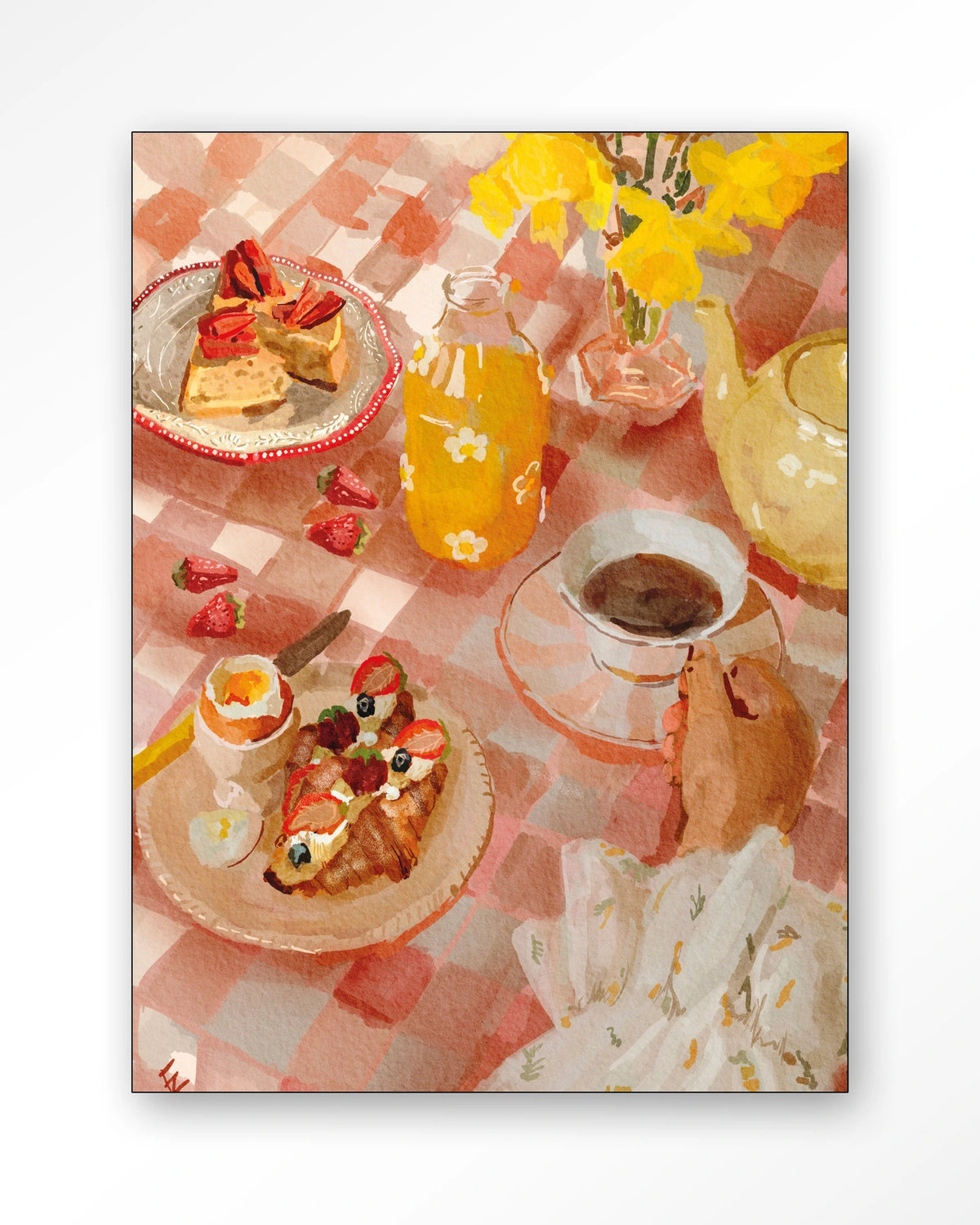 Spring Breakfast – ontbijt op roze tafelkleed – Wandkleed – Frame – zwart