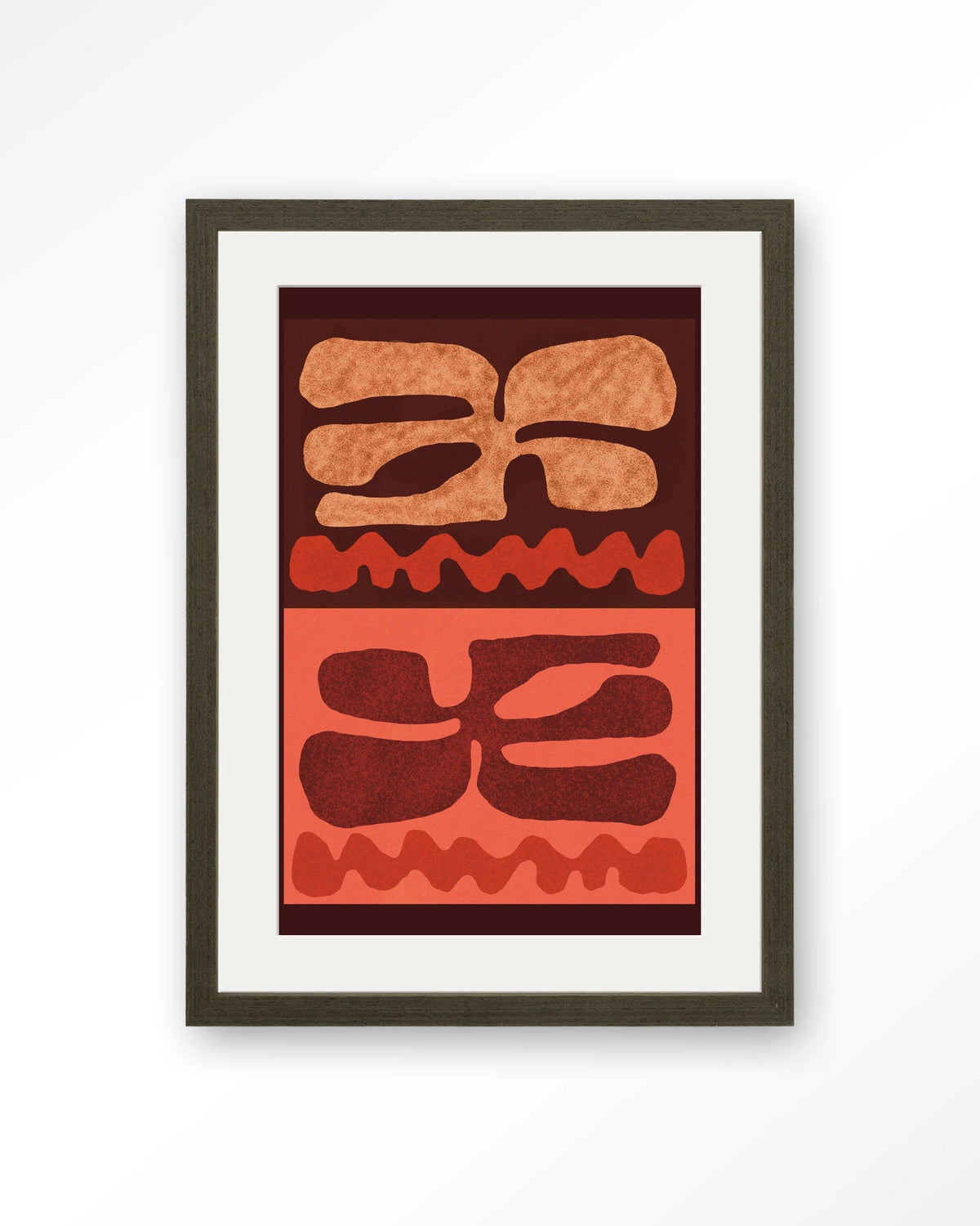 Groovy Neutral – abstract in bruin en oranje – Art print – Hout donkerbruin + passe-partout