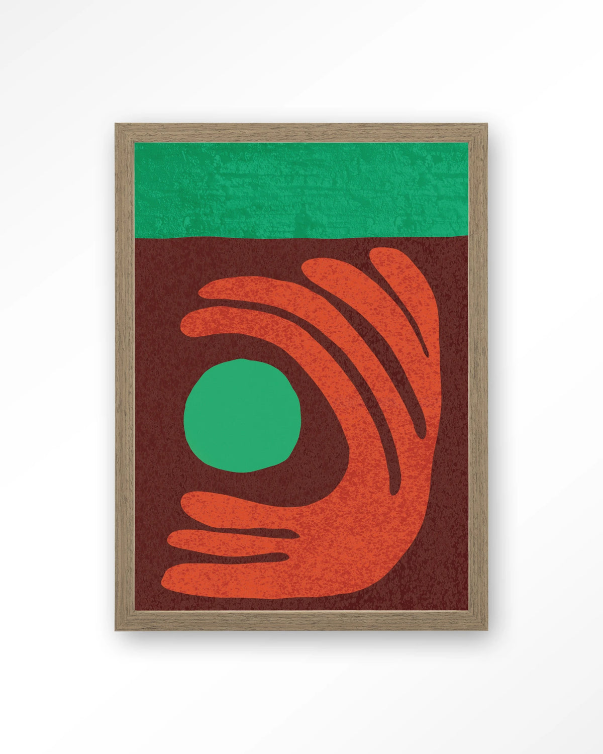 Elements Green – abstract met hand in rood en groen – Art print – Hout bruin