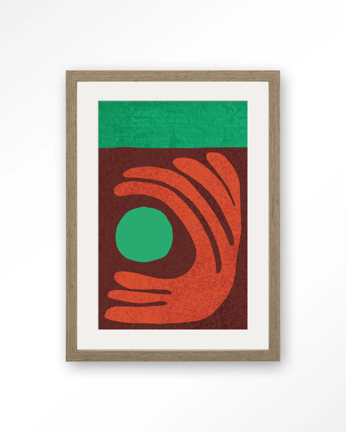 Elements Green – abstract met hand in rood en groen – Art print – Hout bruin + passe-partout