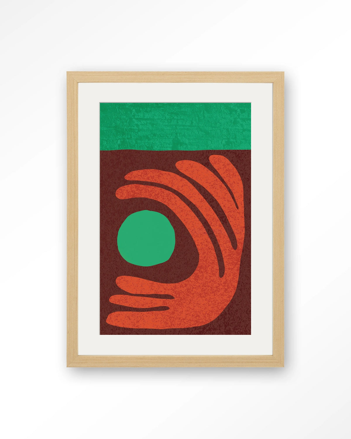 Elements Green – abstract met hand in rood en groen – Art print – Hout naturel + passe-partout