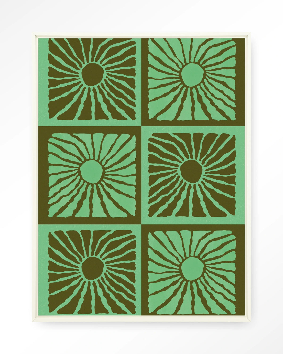 Suns In Green – zonnen in groen patroon – Wandkleed – Floating frame – wit