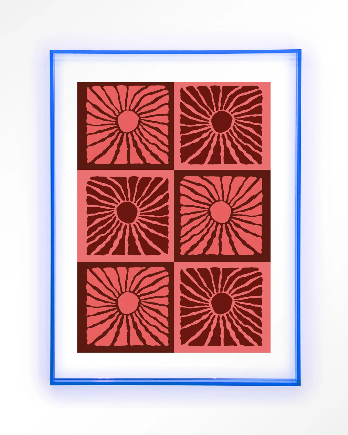 Suns In Pink – zonnen in roze en rood – Art print – Acryl lichtblauw