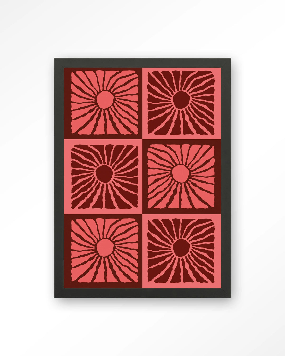 Suns In Pink – zonnen in roze en rood – Art print – Hout zwart