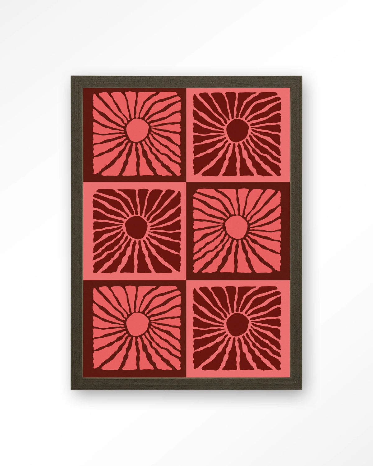 Suns In Pink – zonnen in roze en rood – Art print – Hout donkerbruin