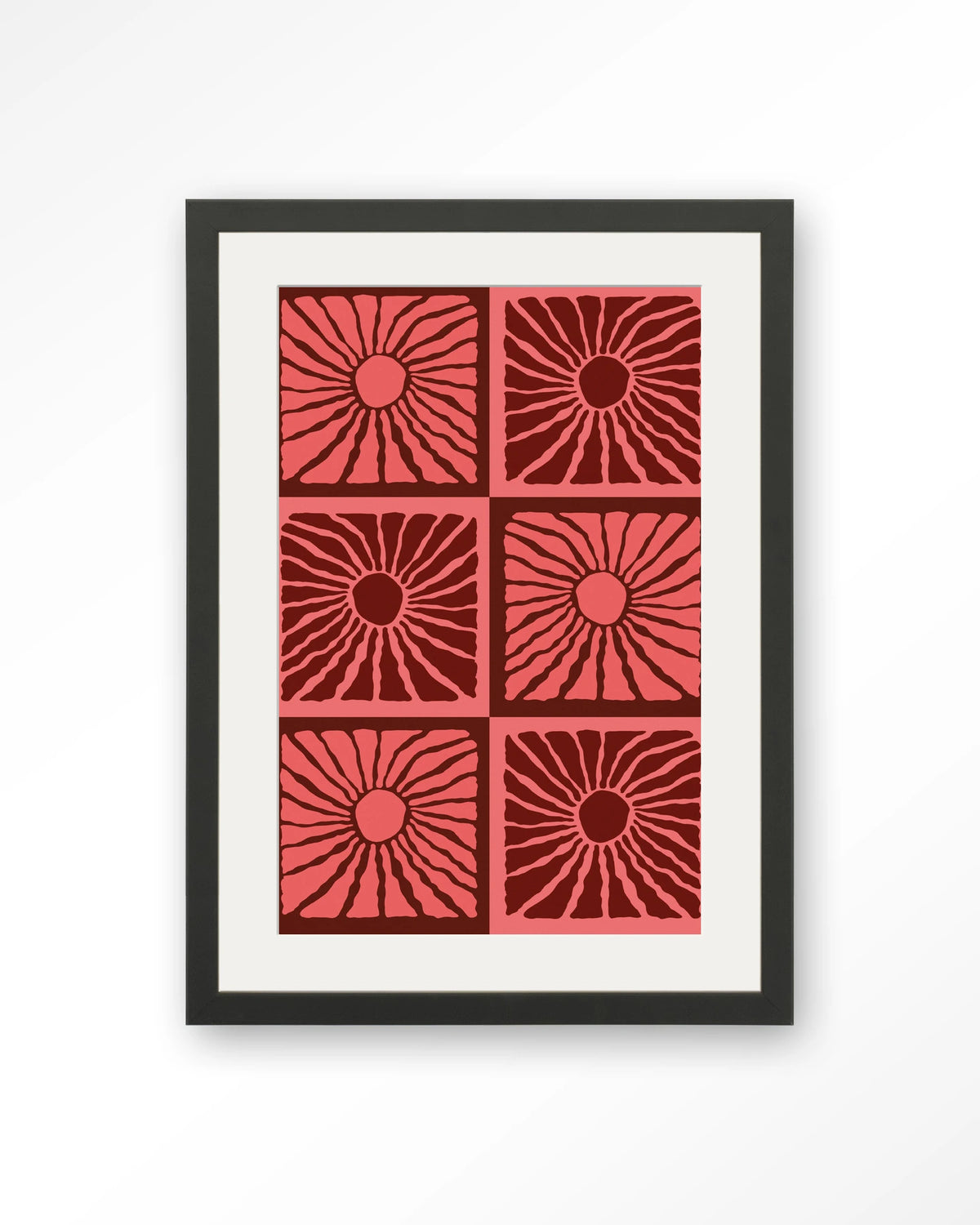Suns In Pink – zonnen in roze en rood – Art print – Hout zwart + passe-partout