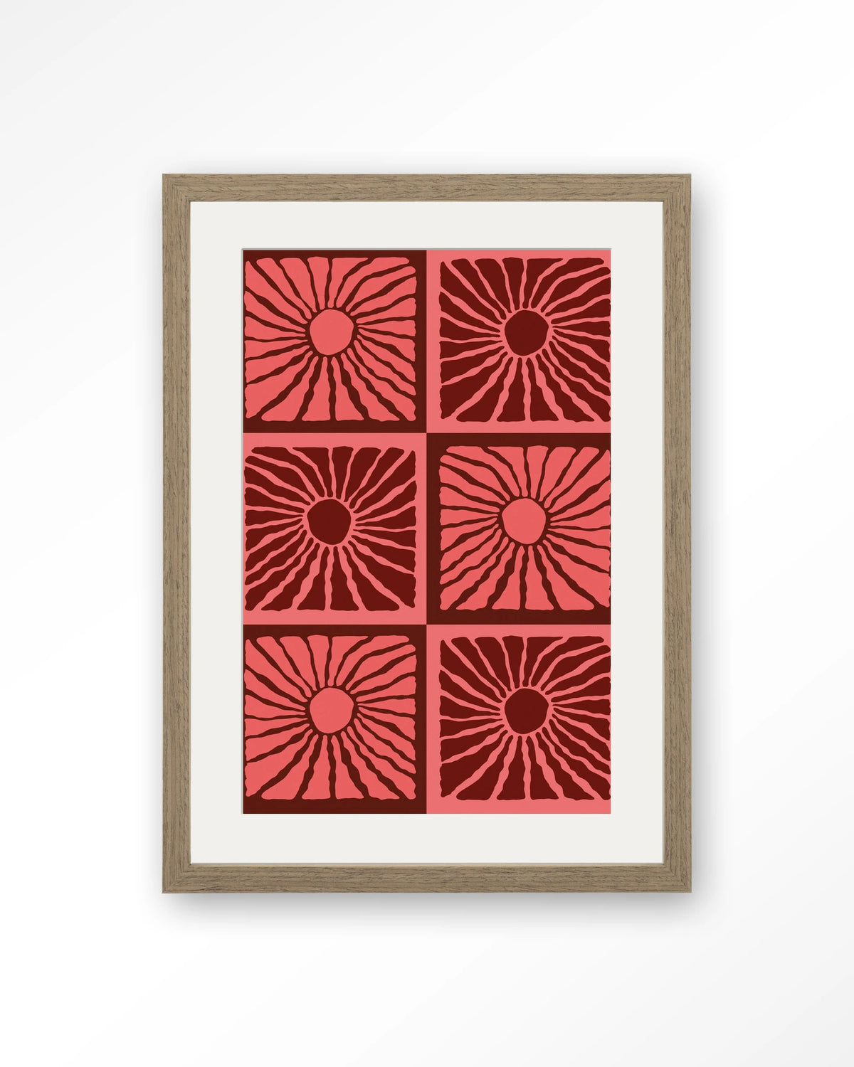 Suns In Pink – zonnen in roze en rood – Art print – Hout bruin + passe-partout