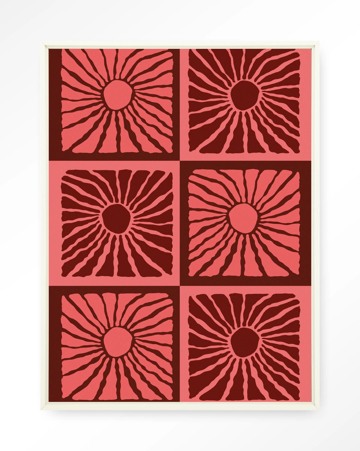 Suns In Pink – zonnen in roze en rood – Wandkleed – Floating frame – wit