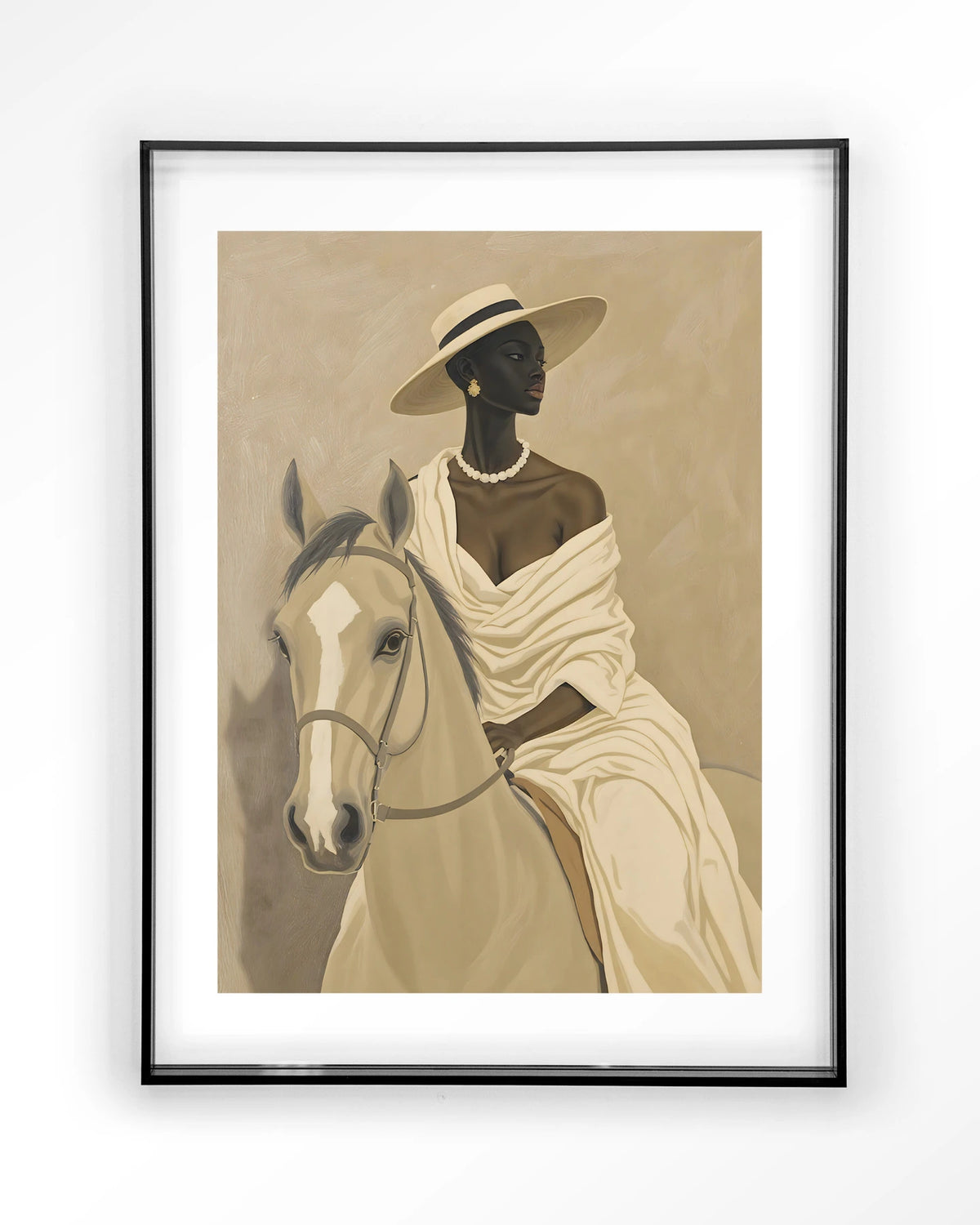 Amazone – vrouw te paard in beige – Art print – Acryl zwart