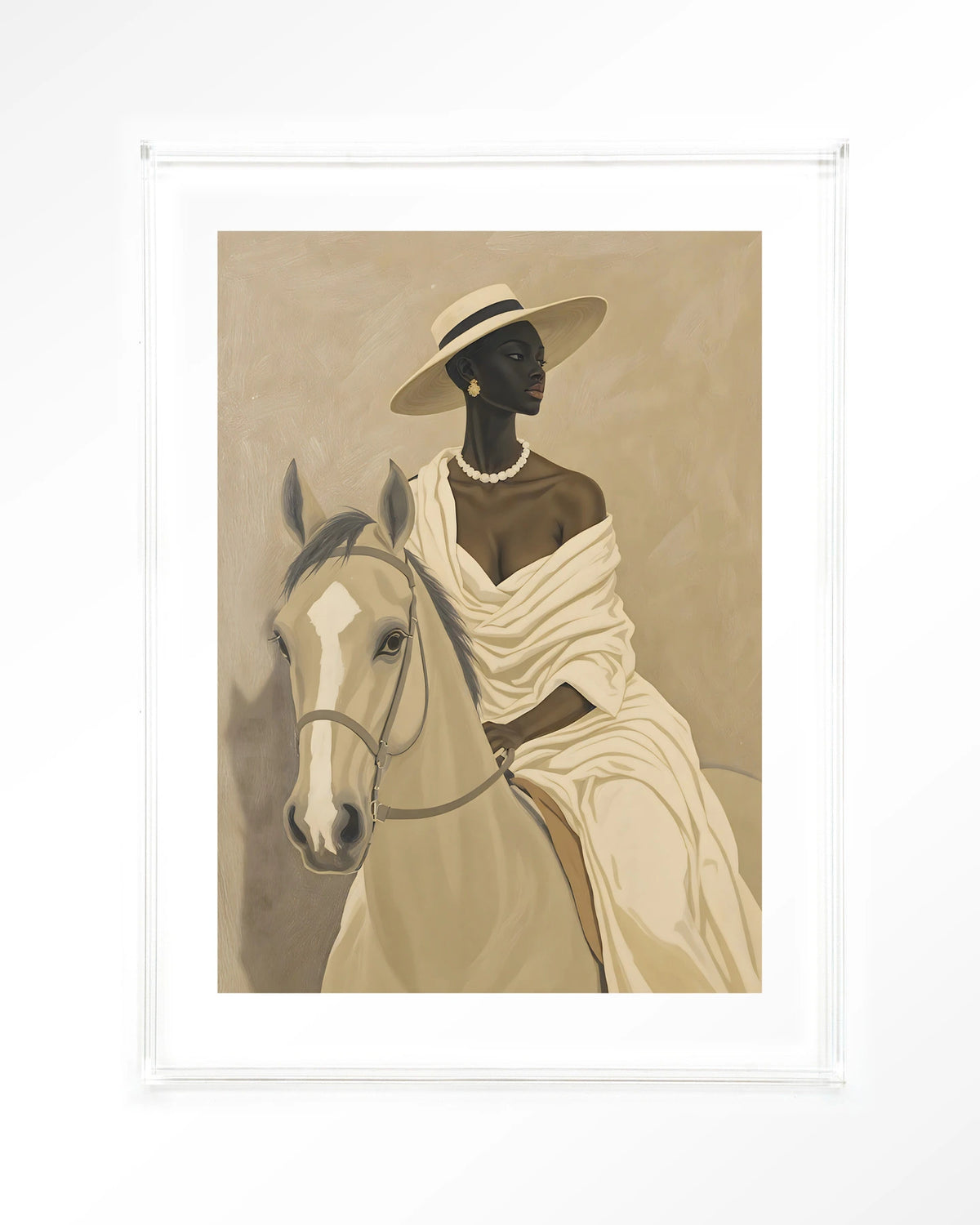 Amazone – vrouw te paard in beige – Art print – Acryl doorzichtig