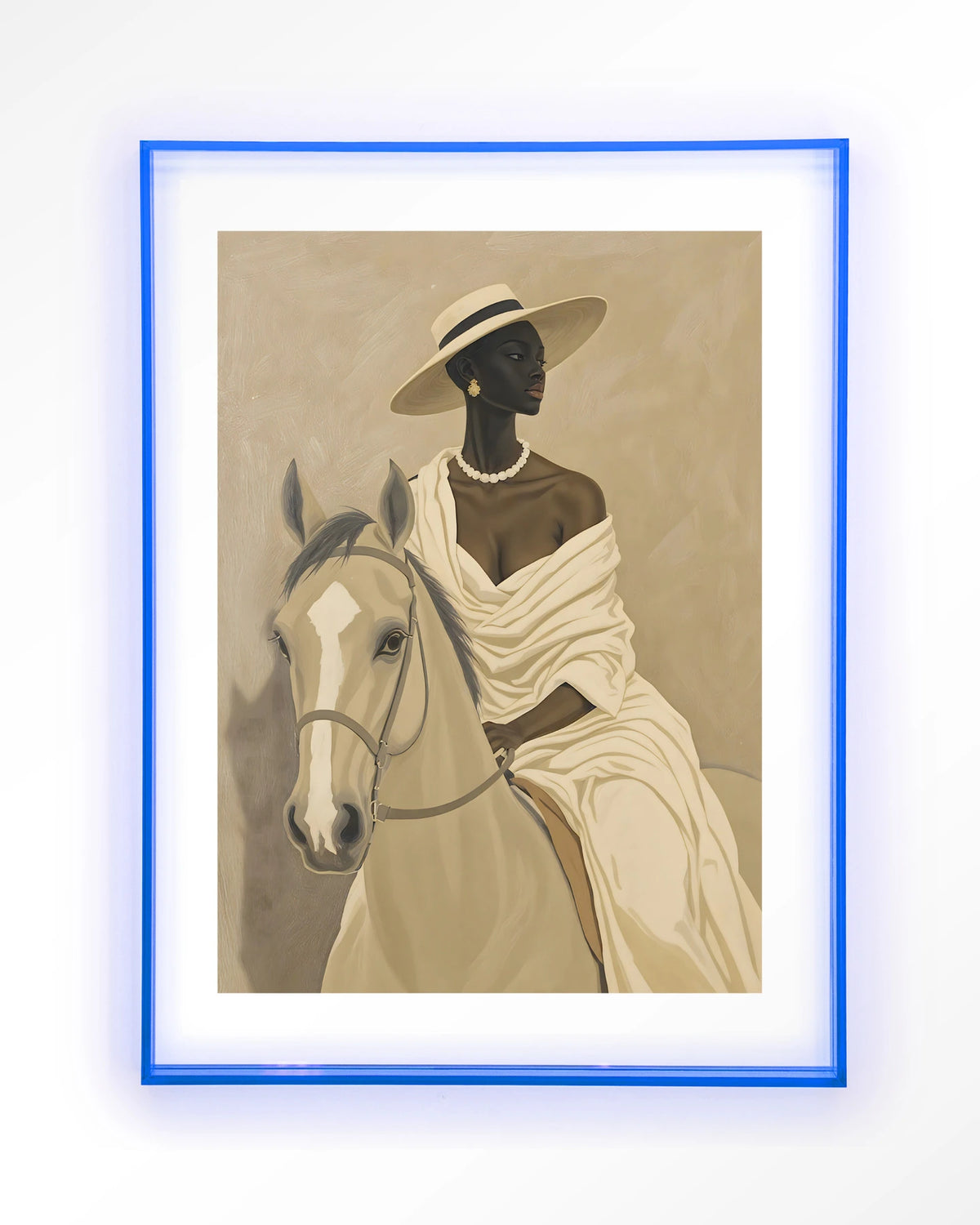 Amazone – vrouw te paard in beige – Art print – Acryl lichtblauw