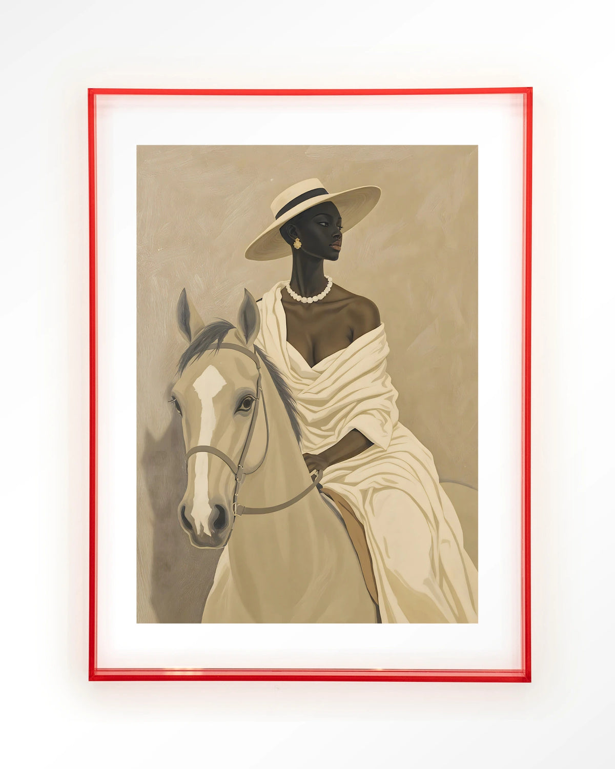 Amazone – vrouw te paard in beige – Art print – Acryl roze