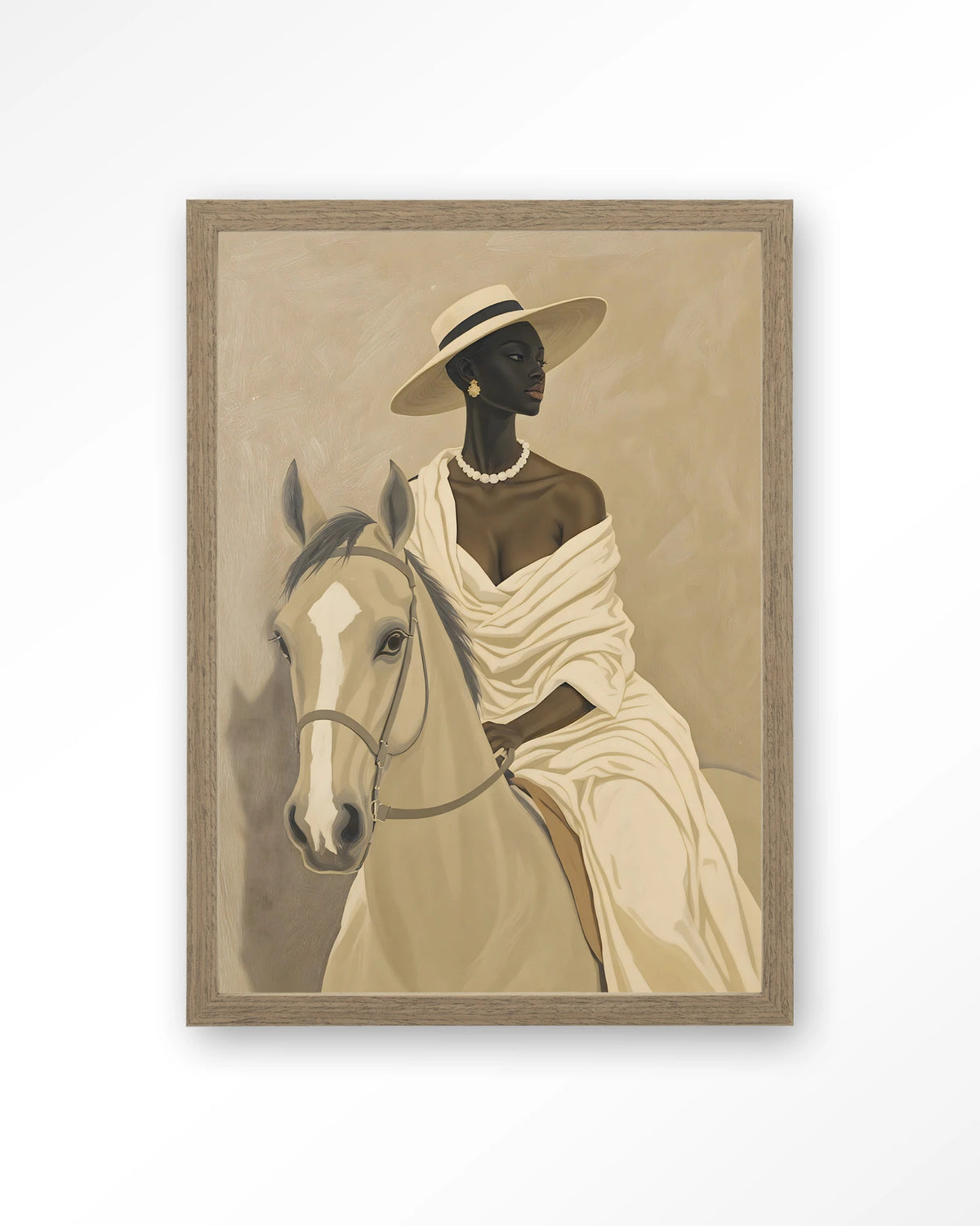 Amazone – vrouw te paard in beige – Art print – Hout bruin