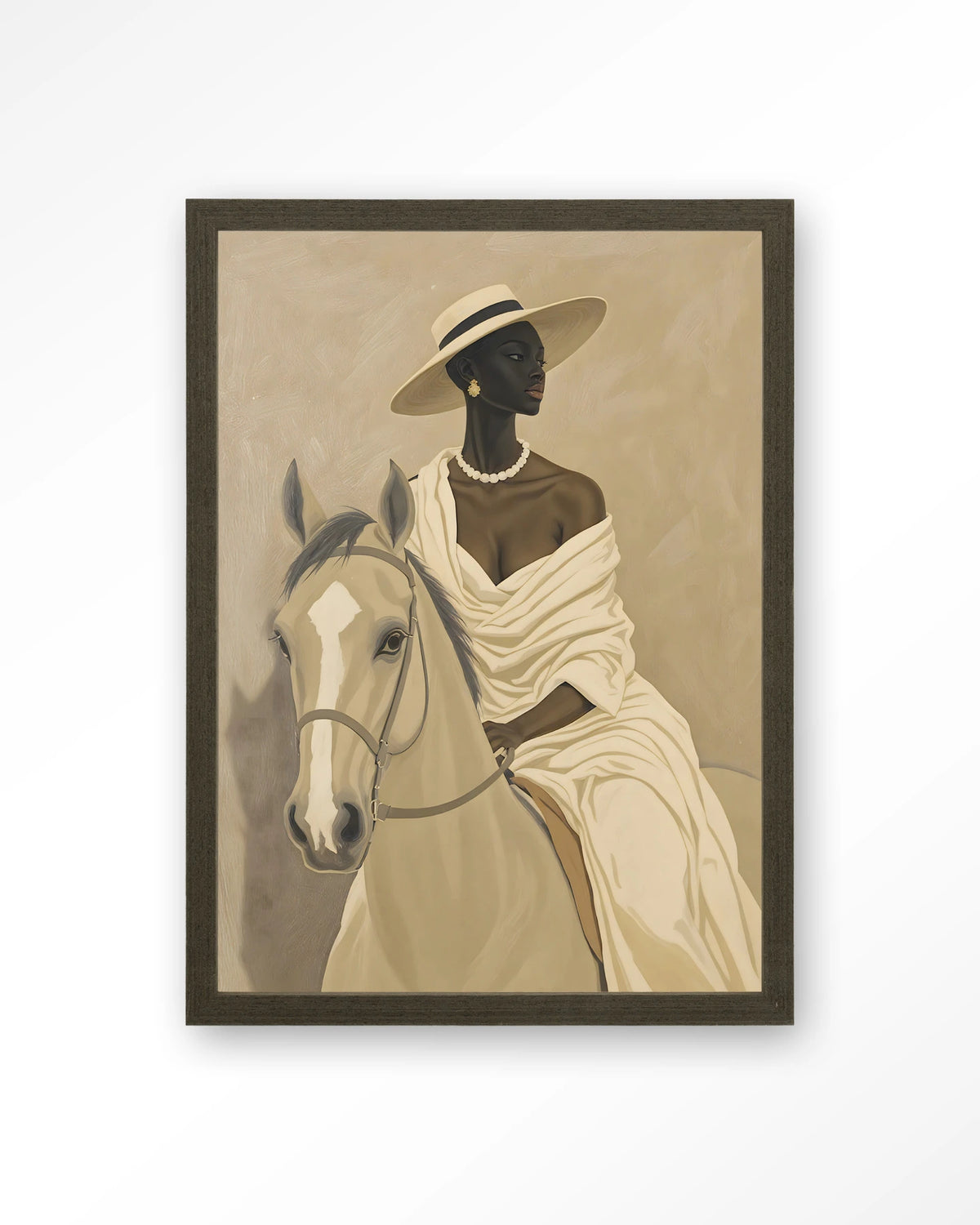 Amazone – vrouw te paard in beige – Art print – Hout donkerbruin