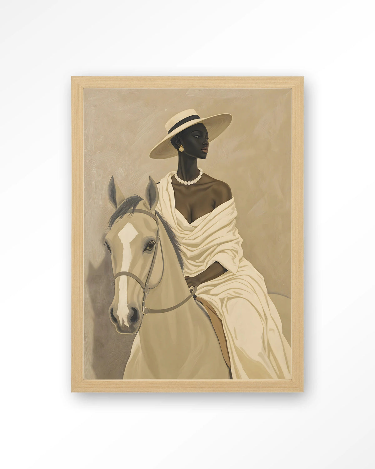 Amazone – vrouw te paard in beige – Art print – Hout naturel