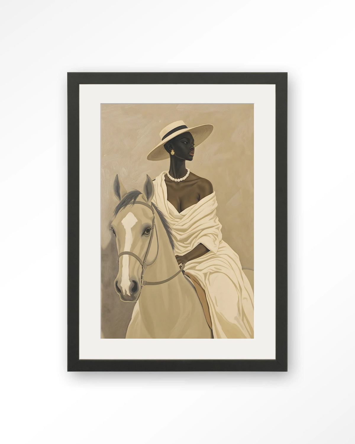 Amazone – vrouw te paard in beige – Art print – Hout zwart + passe-partout