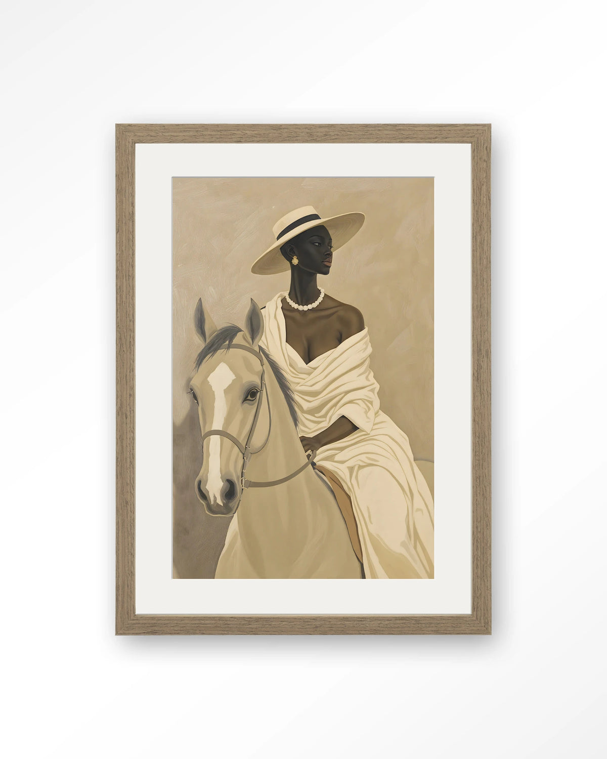 Amazone – vrouw te paard in beige – Art print – Hout bruin + passe-partout