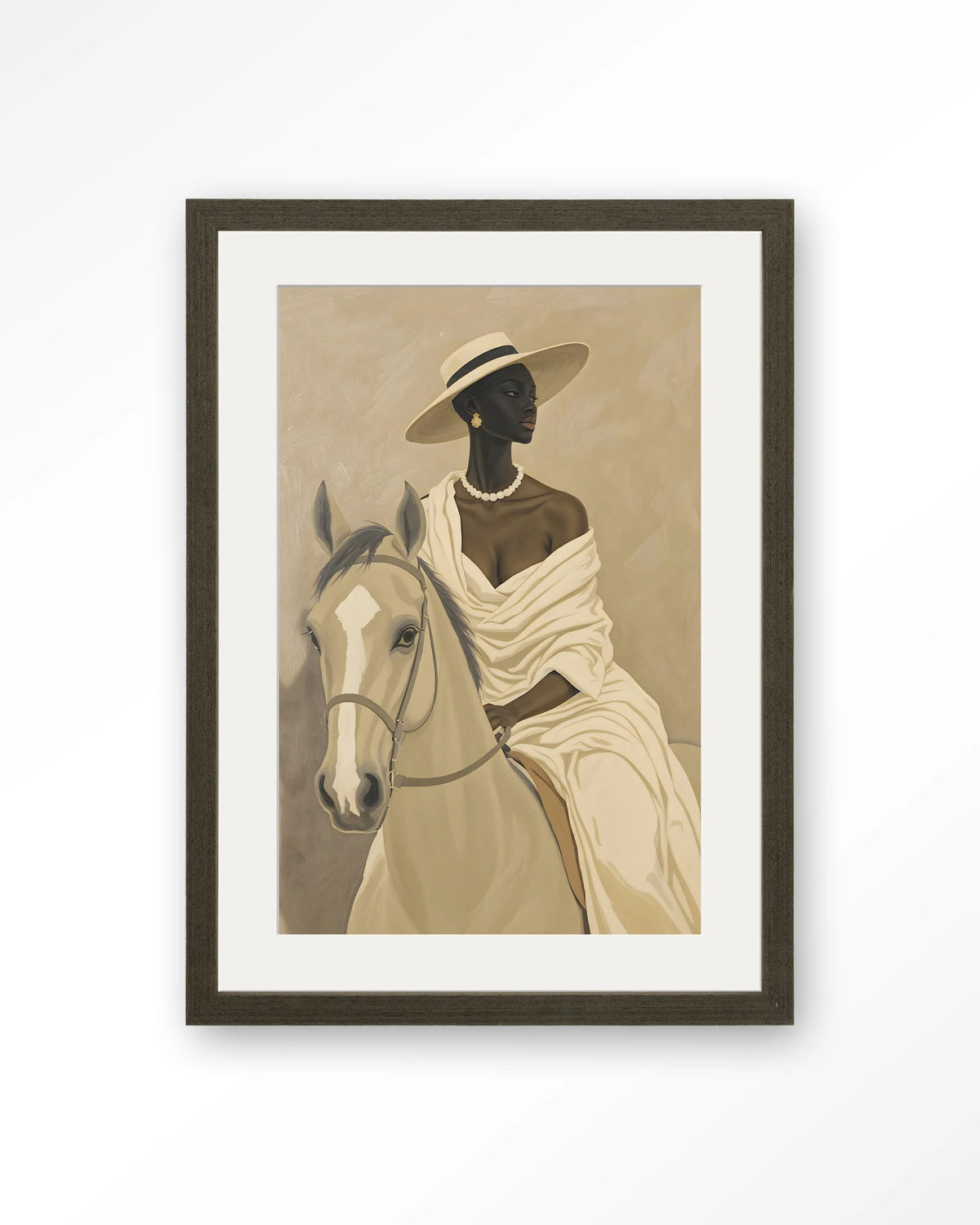 Amazone – vrouw te paard in beige – Art print – Hout donkerbruin + passe-partout