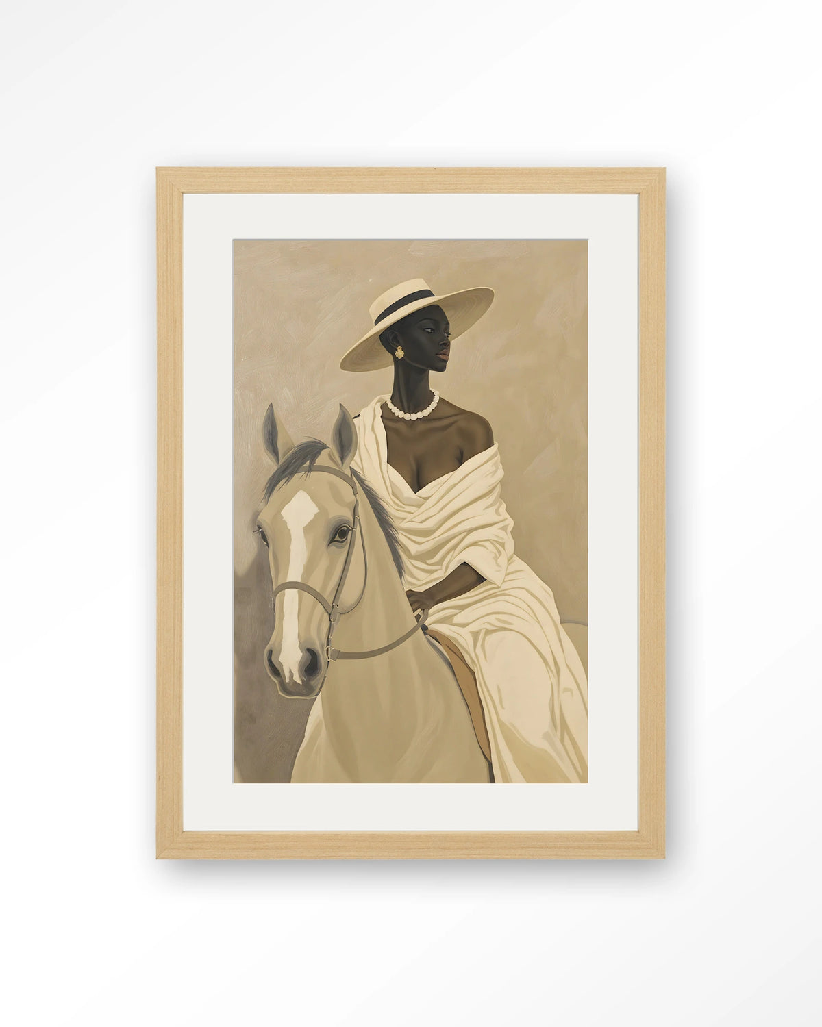 Amazone – vrouw te paard in beige – Art print – Hout naturel + passe-partout