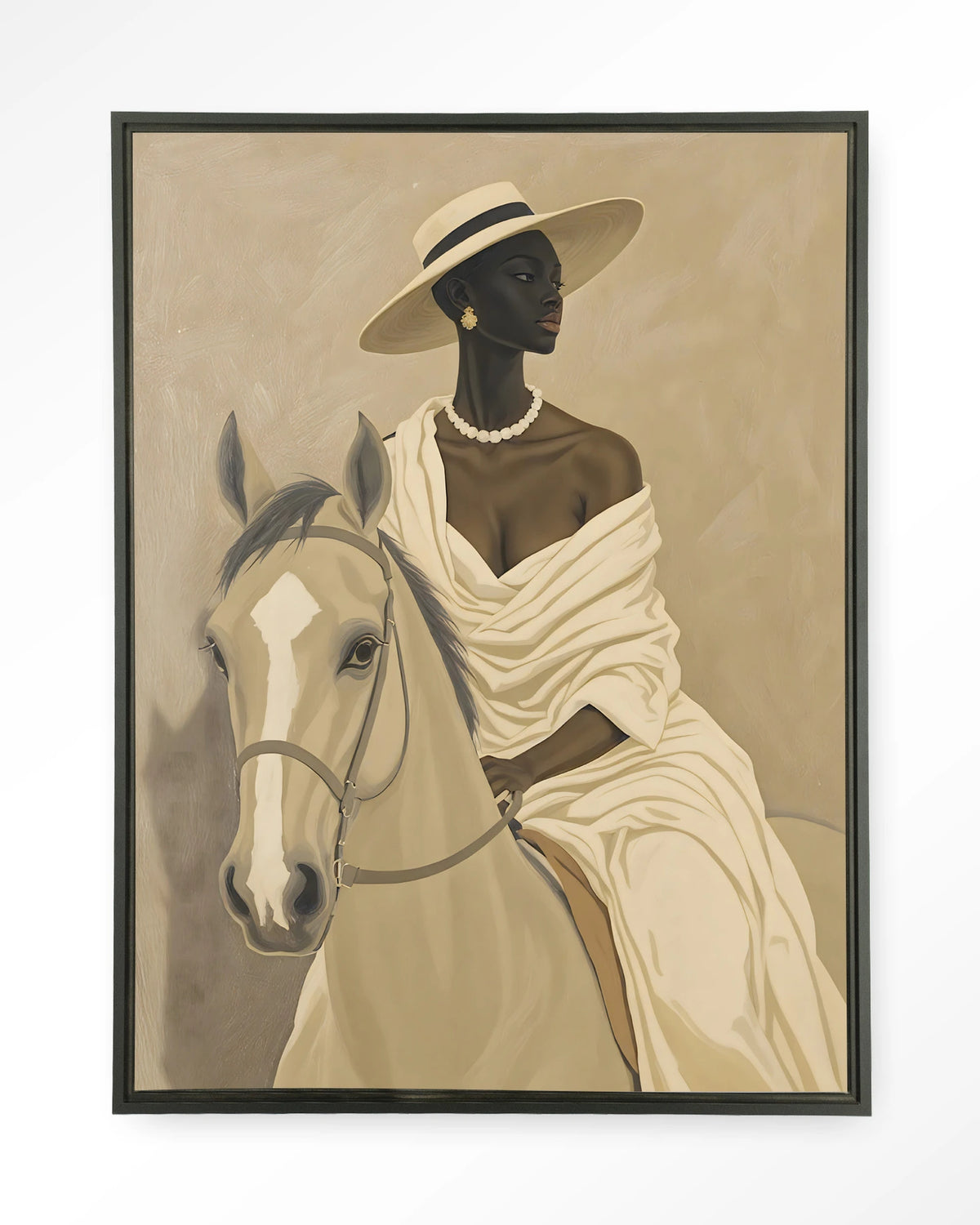 Amazone – vrouw te paard in beige – Wandkleed – Floating frame – zwart