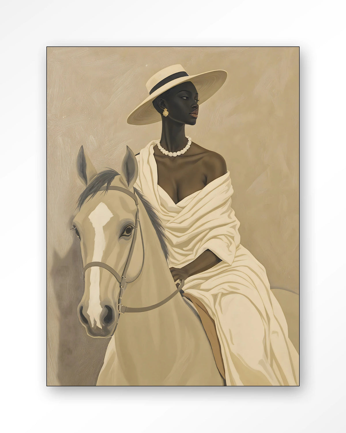 Amazone – vrouw te paard in beige – Wandkleed – Frame – zwart